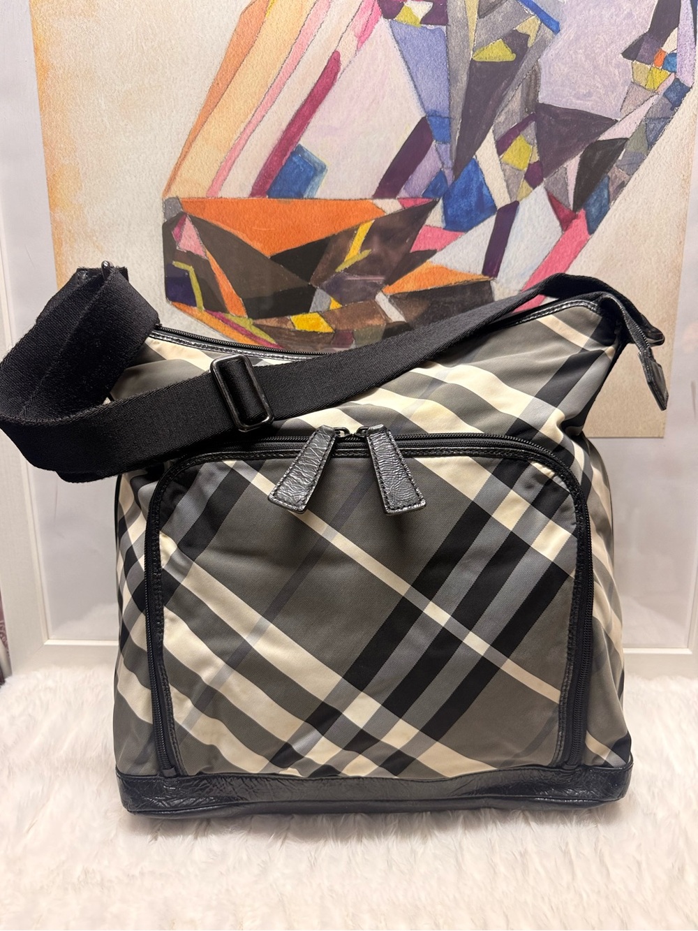 BURBERRY Black Super Nova Check Messenger Weekender Bag